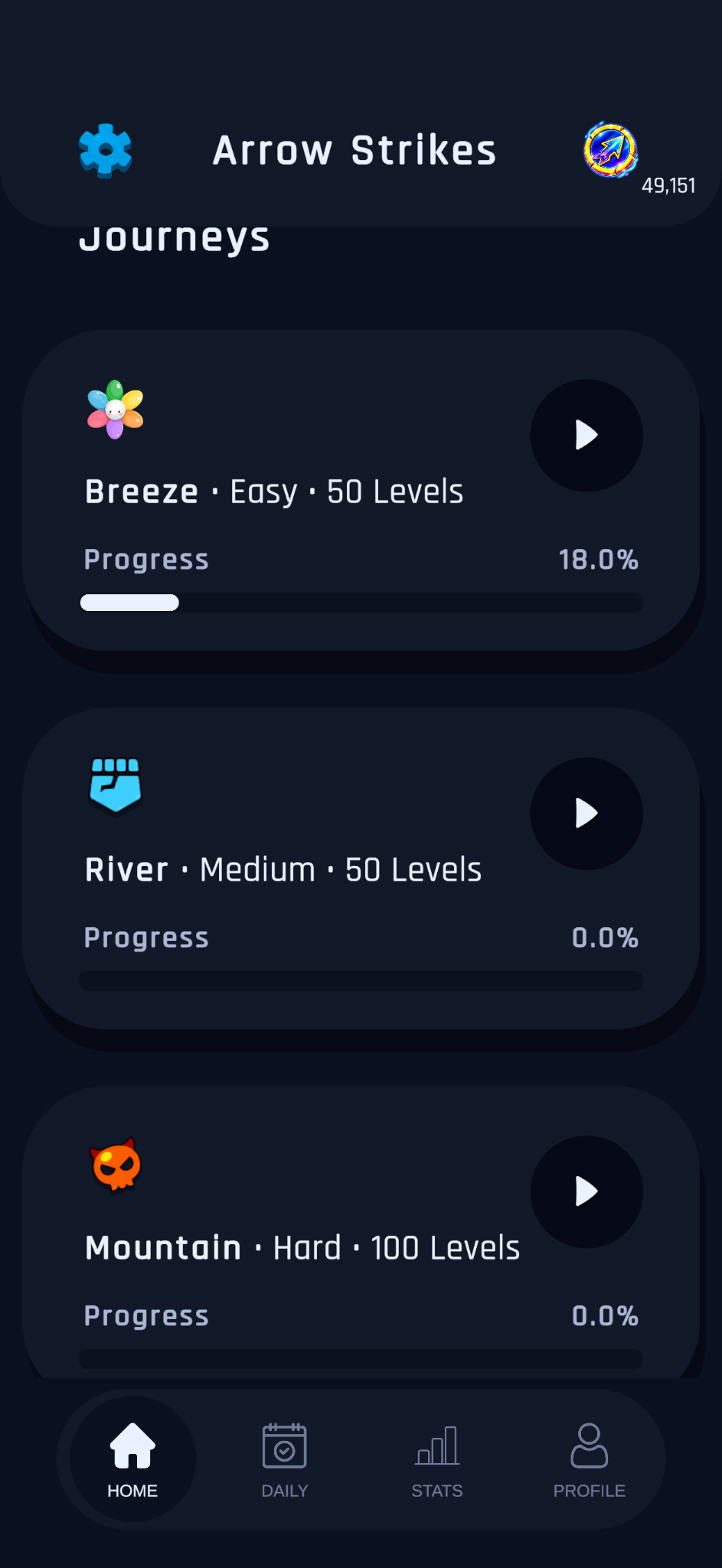A focused command centre for levels, progression, lives and rewards.